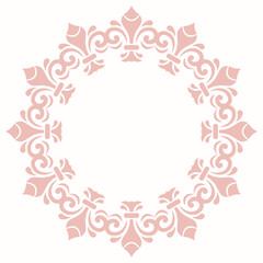 Oriental vector round frame with arabesques and floral elements. Floral pink border with vintage pattern. Greeting card with circle and place for text