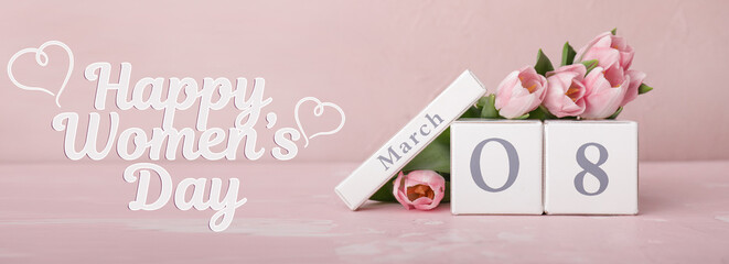 Beautiful greeting card for International Women's Day celebration with calendar and tulip flowers