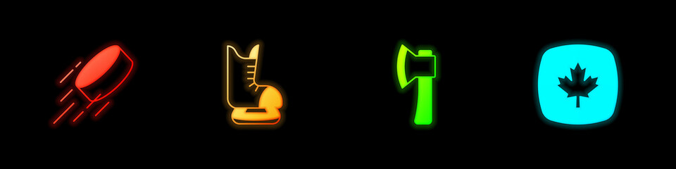 Set Hockey puck, Skates, Wooden axe and Canadian maple leaf icon. Vector