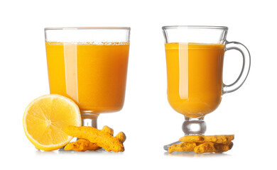 Glass of healthy turmeric drink on white background