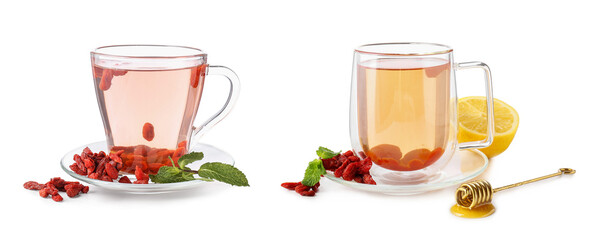 Cup of goji tea on white background