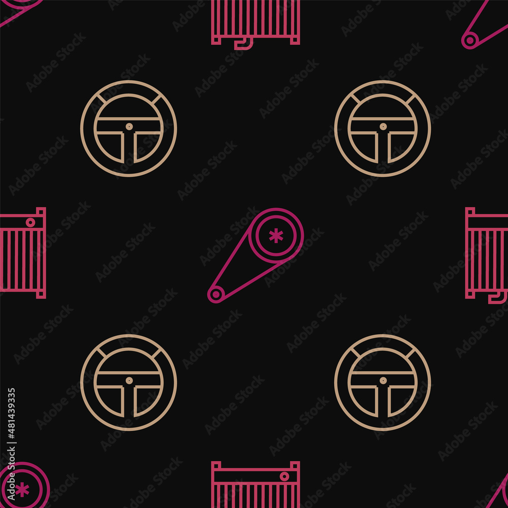 Sticker set line car radiator cooling system, steering wheel and timing belt kit on seamless pattern. vector