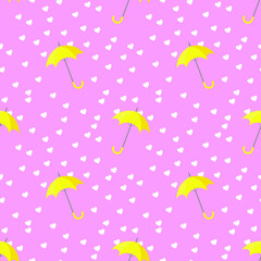 Yellow umbrella in a rain of white hearts on a light pink background. Seamless pattern. Vector illustration for valentine's day