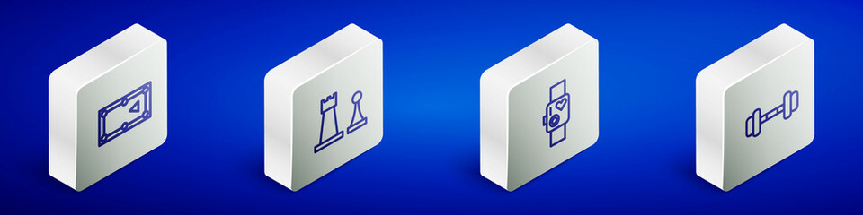 Set Isometric line Billiard table, Chess, Smart watch showing heart beat rate and Dumbbell icon. Vector