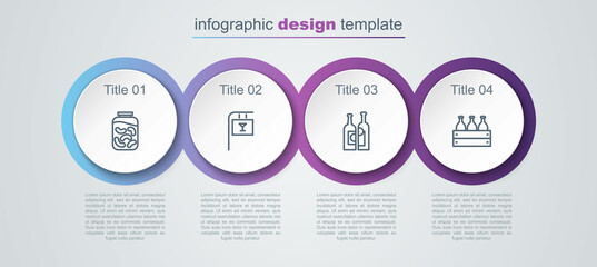 Set line Pickled cucumbers in a jar, Street signboard with Bar, Bottles of wine and wooden box. Business infographic template. Vector