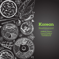Korean food menu restaurant. Korean food sketch menu. Asian food background. Asian food poster. Set of dishes: bibimbap, kimchi, tteok-bokki, ramen. Vector illustration.