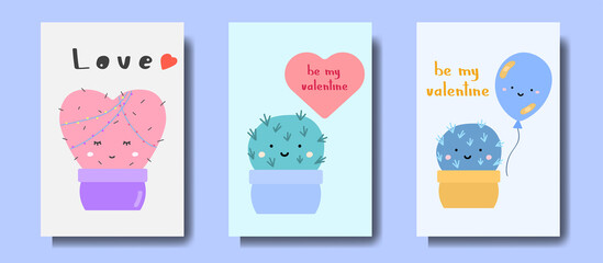 Set of Greeting cards with cute cactus for Valentines Day. Vector illustration for design greeting cards, wedding invitations, party design.