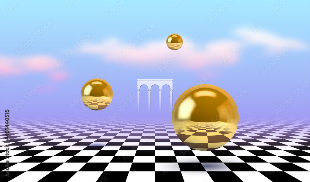 Poster Abstract surreal concept with golden balls flying over checkered floor in vaporwave style. Calm ancient gate and clouds on the background.