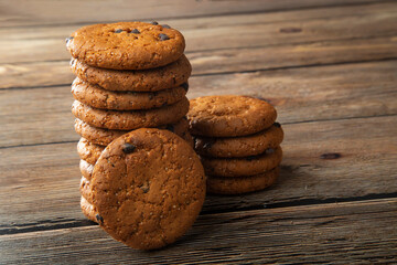 Oatmeal cookies with chocolate slices.Delicious dessert for tea.