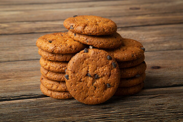 Oatmeal cookies with chocolate slices.Delicious dessert for tea.