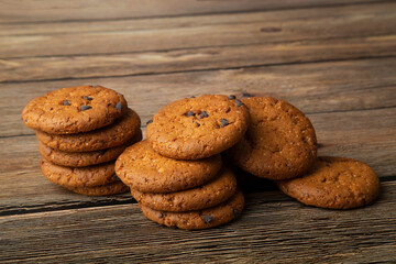 Oatmeal cookies with chocolate slices.Delicious dessert for tea.