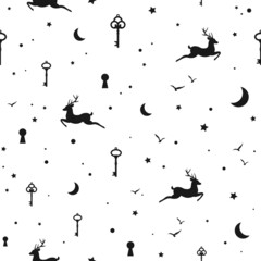 Seamless vintage ornament with keys, deers, moon and stars. Retro pattern on white. Mystery, mystic and clue and magic