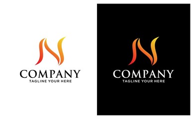 N letter logo, fire flames logo design vector template. on a black and white background.