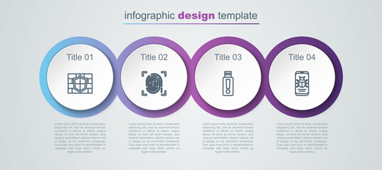 Set line Shield with brick wall, Fingerprint, USB flash drive and System bug on mobile. Business infographic template. Vector
