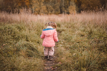 Naklejka na ściany i meble A little girl walks alone in a field. The child runs unattended in nature