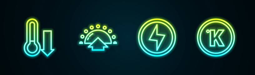 Set line Meteorology thermometer, Sunrise, Lightning bolt and Kelvin. Glowing neon icon. Vector