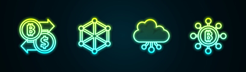Set line Cryptocurrency exchange, Blockchain technology, cloud mining and Bitcoin. Glowing neon icon. Vector