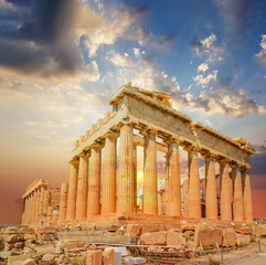 parthenon in athens green sunset clouds colors - obrazy, fototapety, plakaty