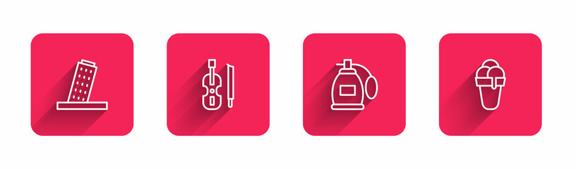 Set line Tower in Pisa, Violin, Perfume and Ice cream with long shadow. Red square button. Vector