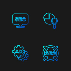 Set line SEO optimization, Advertising, and Magnifying glass and analysis. Gradient color icons. Vector