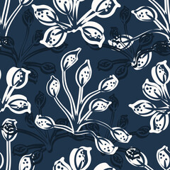 Modern abstract wild meadow flower seamless vector pattern background. Faux lino print backdrop with overlapping flowers and blended texture outlines. Botanical floral repeat design in blue white.