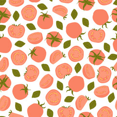 Seamless tomatoes pattern in flat style. Vector doodle red tomato with basil leaves. Hand drawn vegetables pattern design for fabric or wrapping paper.
