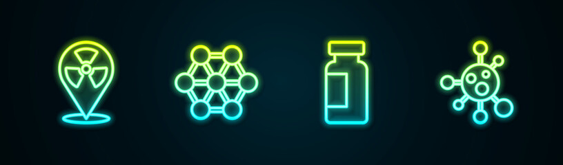 Set line Radioactive in location, Molecule, Test tube and flask and . Glowing neon icon. Vector