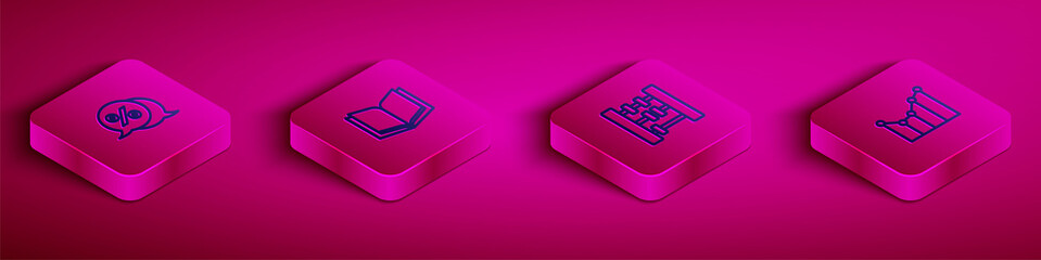 Set Isometric line Discount percent tag, Open book, Abacus and Graph, schedule, chart, diagram icon. Vector