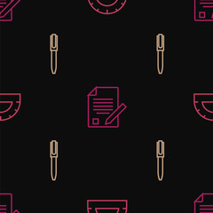 Set line Protractor grid, Pen and Exam sheet and pencil on seamless pattern. Vector