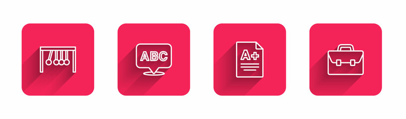 Set line Pendulum, Alphabet, Exam sheet with plus grade and Briefcase with long shadow. Red square button. Vector