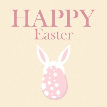 Easter card with a pink egg in bunny ears and the inscription: Happy Easter