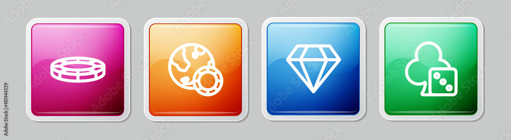 Sticker Set line Casino chips, , Diamond and Game dice. Colorful square button. Vector