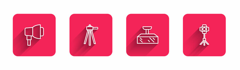 Set line Softbox light, Tripod, and with long shadow. Red square button. Vector