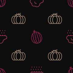 Set line Cloud with rain, Pumpkin and Watermelon on seamless pattern. Vector