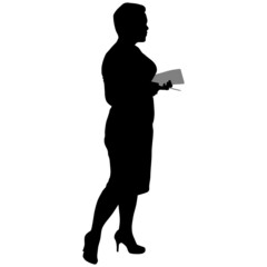 black silhouette of girl with short haircut in dress with notebook and pencil in her hands