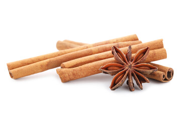 Cinnamon sticks with star anise isolated on white background