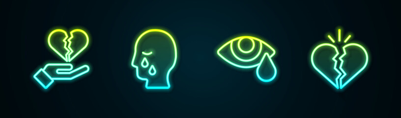 Set line Broken heart or divorce, Man graves funeral sorrow, Tear cry eye and . Glowing neon icon. Vector