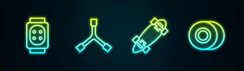 Set line Knee pads, Skateboard Y-tool, Longboard or skateboard and wheel. Glowing neon icon. Vector