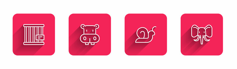 Set line Animal cage, Hippo or Hippopotamus, Snail and Elephant with long shadow. Red square button. Vector