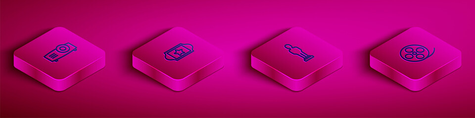 Set Isometric line Movie, film, media projector, Cinema ticket, trophy and Film reel icon. Vector