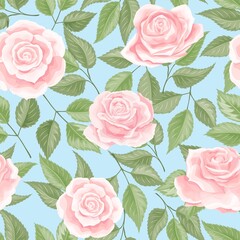 Seamless pattern with cream pink roses. Vintage floral background