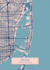 Miami city map poster print. Detailed map of Miami (United Stated).	
