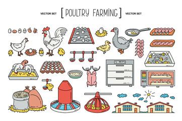 Vector hand drawn set on the theme of poultry farming, agriculture, factory, food, chicken. Isolated colorful doodles, line icons for use in design