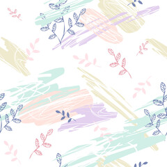 Springtime textured seamless pattern with blots on white background. Botanic abstraction vector illustration.
