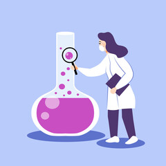 Young scientist woman in white uniform in lab vector illustration. 
