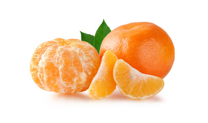 Tangerines with leaves isolated on a white background