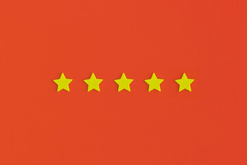 Five 5 stars, best excellent services rating on red background.