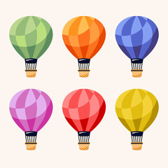 Flying travel transports set in simple flat style. Baloons vector illustration.
