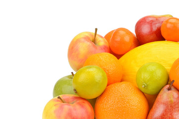 Close up of heap of fruit, isolated on white background. Free space for text.