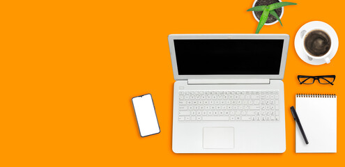 mockup for workplace design, top view, laptop and supplies